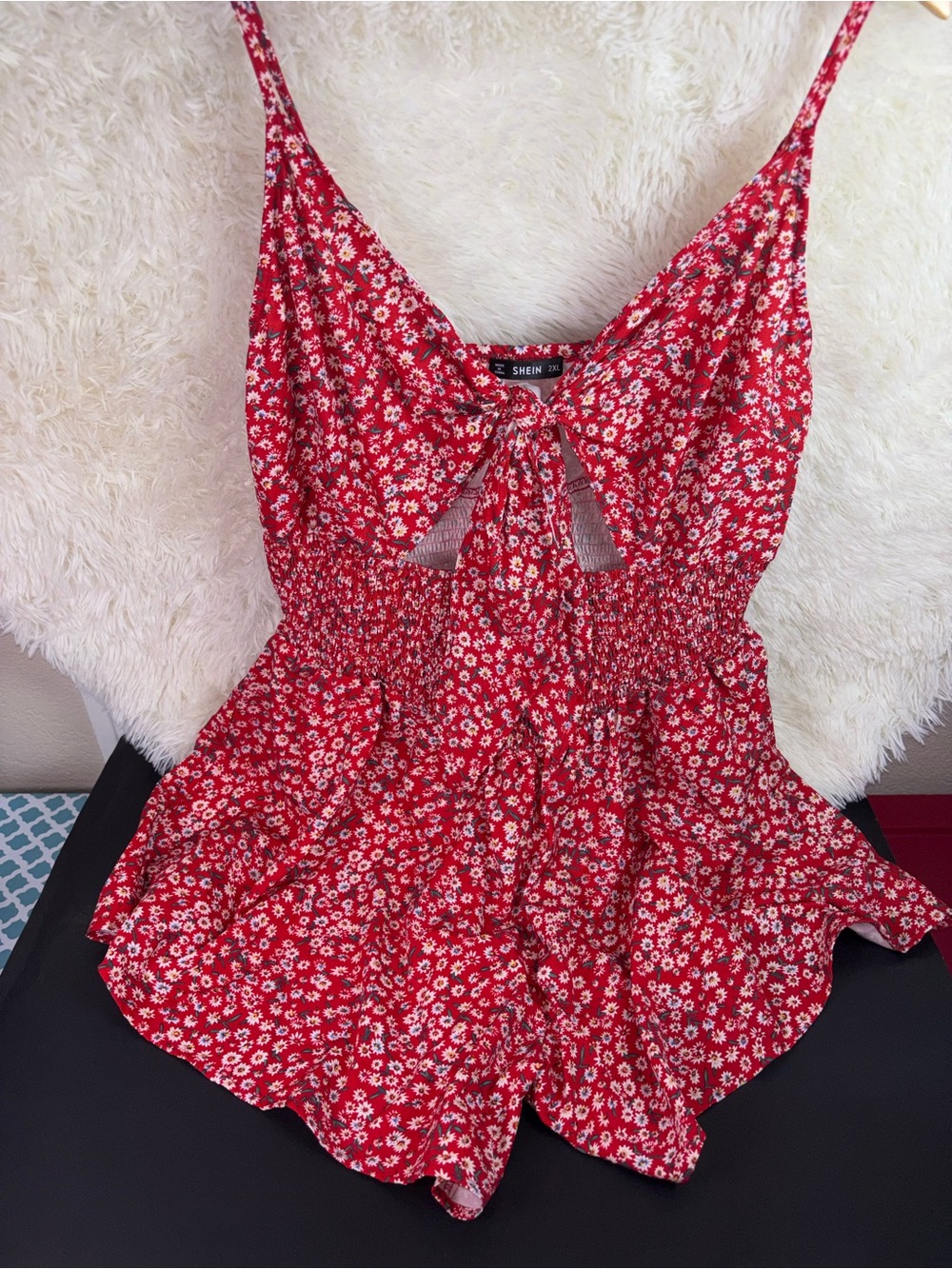 SHEIN Red Daisy Tie-Front Floral Romper 2Xl - Picture 7 of 9